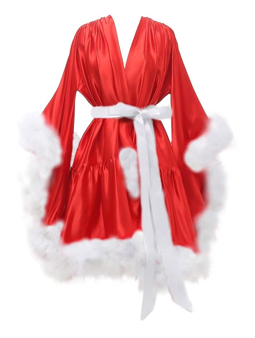 Changuan Women's Feather Robe Silk Satin Fur Bridal Robe Short Dressing Gown Bathrobe Lingerie Nightgown Sleepwear