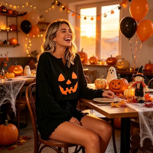 Image of Roshop Halloween Pajama Women's Pumpkin Matching Top & Shorts Loungewear Set