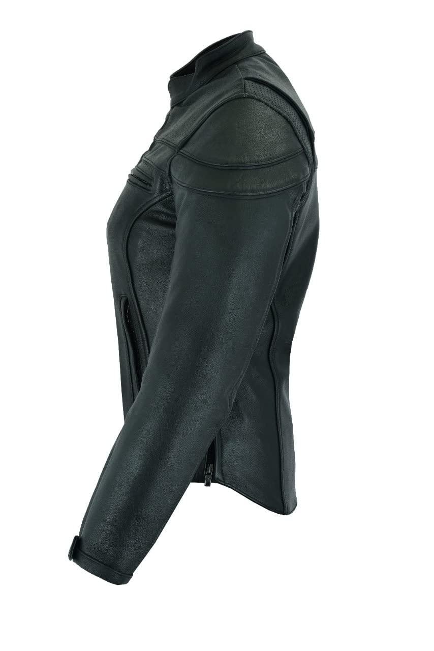 Vance Leather USA Women's Black Waxed Soft Cowhide Leather Sporty Scooter Crossover Biker Motorcycle Riding Jacket (Medium)
