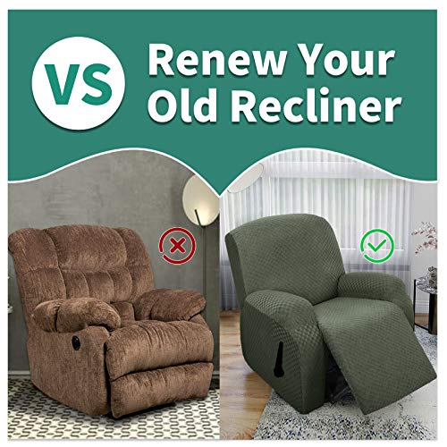 Image of YEMYHOM 4 Pieces Stretch Recliner Slipcover Jacquard Recliner Chair Cover with Side Pocket Anti-Slip Fitted Recliner Cover Couch Furniture Protector with Elastic Bottom (Recliner, Army Green)