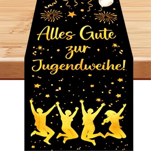 Tischdeko Jugendweihe Deko Tischläufer, Deko Jugendweihe Junge & Mädchen Zubehör, Gold Schwarz Stoff 40x180cm, Party Dekoration Banner Festartikel Alles Gute zur Jugendweihe