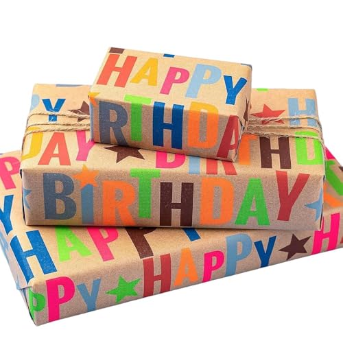 LaRibbons Birthday Wrapping Paper Roll for Kids, 17 Inch x 16.5 Feet Kraft Gift Wrap Paper with Colorful Text Happy Birthday Pattern for Boys Holiday Party