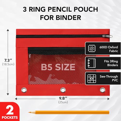 Image of 3 Ring Pencil Pouch for Binder, 2-Pocket Zipper Pencil Case with Clear Window & Mesh Pocket, 600D Oxford Fabric Binder Pouch for School Office Supplies, Fits Standard 3-Ring Binders, Red