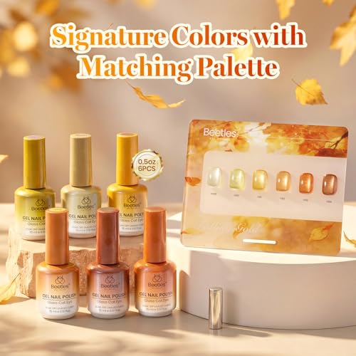 Image of Beetles Cat Eye Gel Nail Polish Set - Falling Gold 6 Colors 15ML Full Size Glitter Gel Polish Kit Gold Brown Orange Glass Cat Eye Magnetic Effect Soak Off UV Nail Art DIY Salon at Home Gift for Women