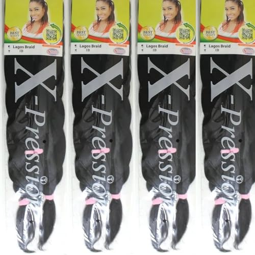 X-Pression 1B 4 PACK XPRESSION LAGOS BRAID Pre-Pulled Hair Extension Braiding Hair 42 & 46 Pack (Colour 1B Natural Black) 4.0 count