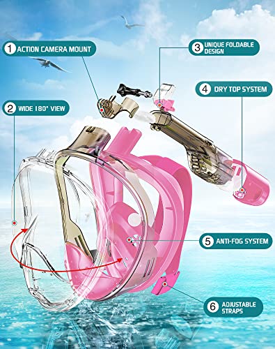 Greatever Full Face Snorkel Mask, Snorkeling Gear For Adults Kids With Latest Dry Top Breathing System And Detachable Camera Mount, Foldable Panoramic View Snorkeling Mask Set, Anti-Fog & Anti-Leak #TOP1