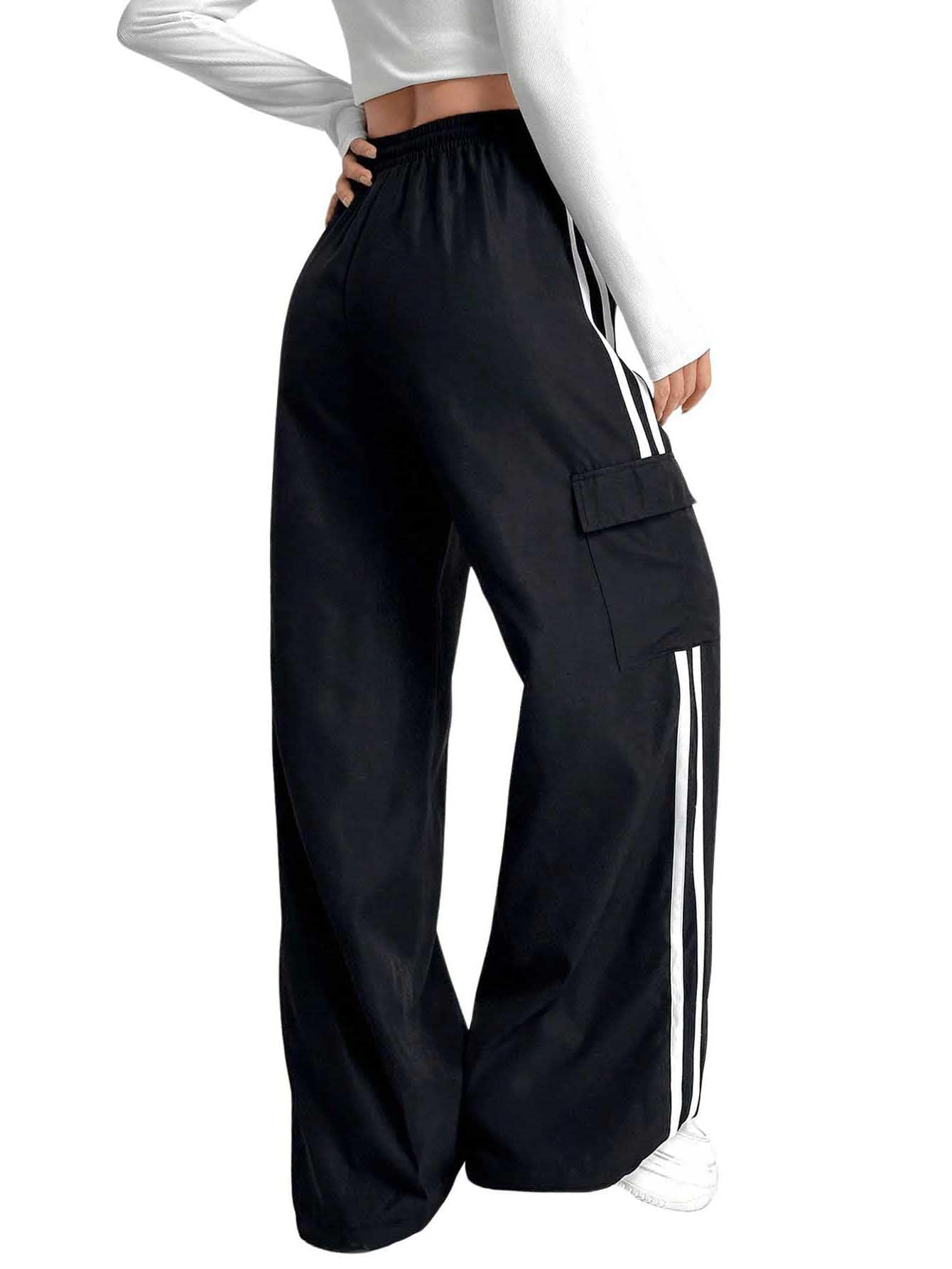 Verdusa Women's Cargo Pants Baggy Straight Wide Leg Track Pants Striped Joggers with Pockets Athletic Streetwear