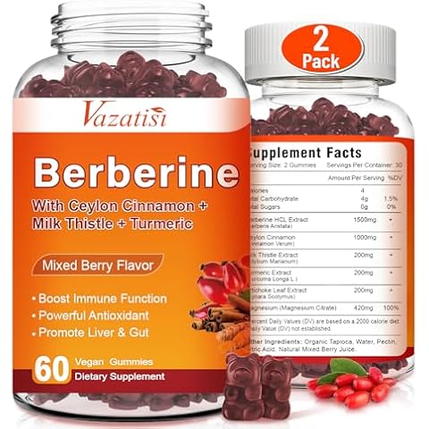 Vazatisi Berberine Gummies 1500 mg, Berberine HCL with Ceylon Cinnamons, Magnesium Citrate, Milk Thistle Supplement for Adult and Kids, Mixed Berry Flavored 120 Cts Cover