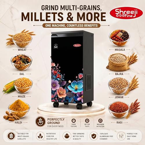 Image of ShreejiFine Smart Grain Plus Atta Chakki 2026 | SS 6-Blade Rotor | Lifetime Chamber Warranty | Micro Processor | Low Noise | Auto Grain Sensing | Multi Grain Chakki Machine for Home