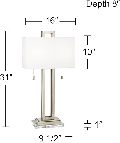 Miniatura 6 de Possini Euro Design Moderna lámpara de mesa con elevador acrílico transparente de 30 pulgadas de alto, níquel cepillado, tela blanca, rectangular,