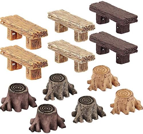 12 Pieces Miniature Fairy Garden Ornaments, Includes 6 Pieces Retro Wooden Style Benches, 6 Pieces Artificial Mini Root Stump for Moss Terrariums Landscape Dollhouse Accessories Decorations