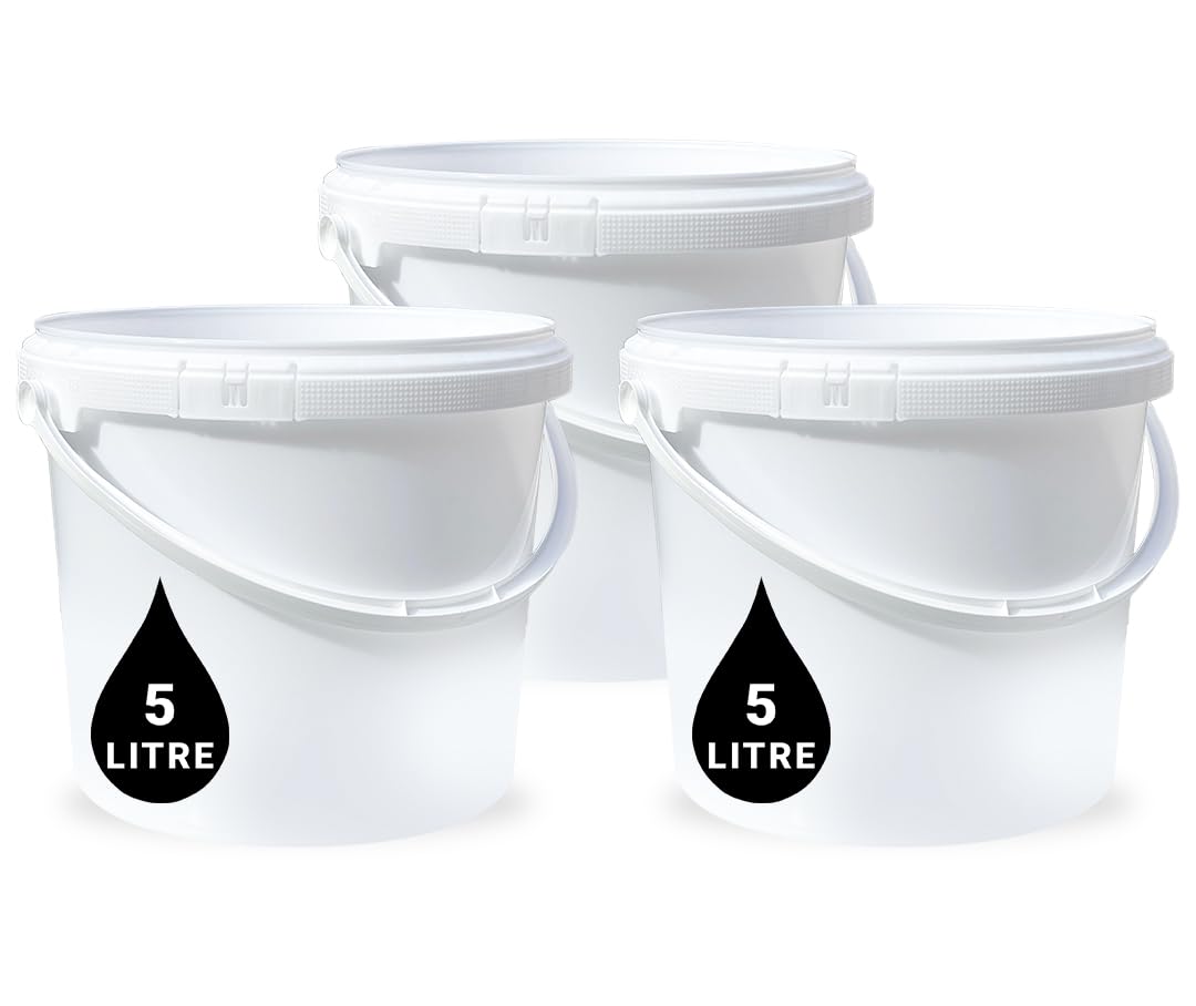 3 x 5L Plastic Bucket Pail + Handle & Lid - Heavy Duty ¦ Food Grade BPA Free ¦ Multi-use Fermentation Feed Dry Food Liquid Chemicals Hydroponics Storage Container WHITE