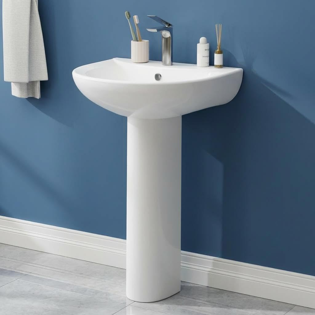 Pedestal Sink with Single Pre-Drilled Faucet Hole, Freestanding Ceramic Sink with Overflow and Backsplash, Easy Installation for Bathroom