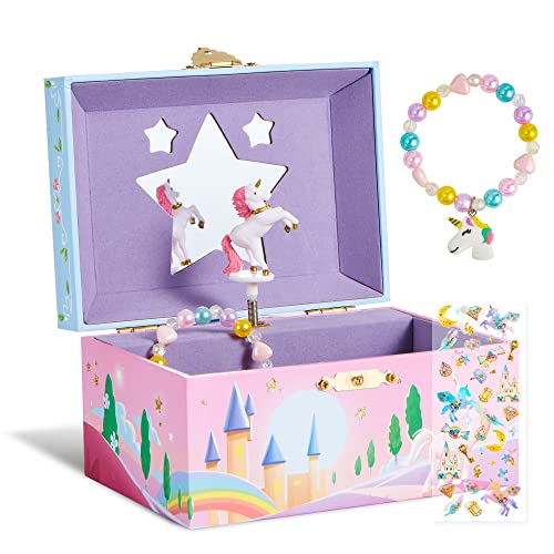 JOYIN Unicorn Musical Jewelry Box for Girls with Star Shaped Mirror Bracelet and Unicorn Spinning Unicorn Themed Stickers Birthday Gift