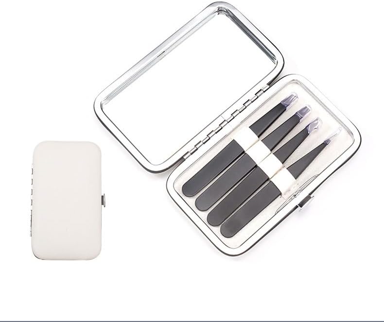 Juego de pinzas  Kit profesional de pinzas de acero inoxidable para cejas para mujeres y hombres con espejo y estuche de viaje de cuero, depilación