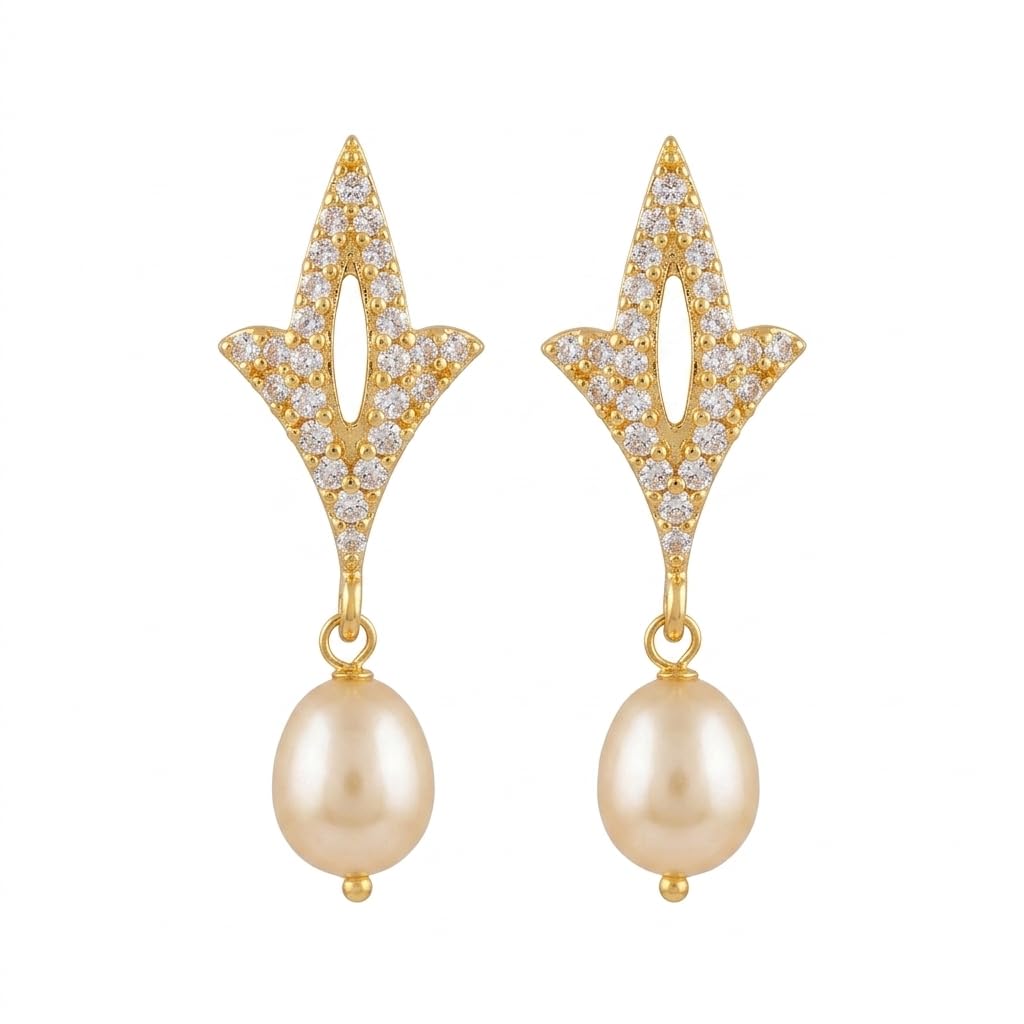 Chandrani Pearls Gold Plated CZ Stone Pearl Drop Earrings for Women Stylish | Designer Golden Earrings for Women | Wedding, Festive & Office Wear Pearl Earrings for Girls (T0003A)