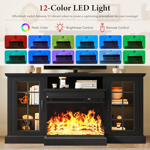 Image of MXV 59'' Fireplace TV Stand, Farmhouse Entertainment Center with 3 Sided Glass TV Stand, Modern Media Console Table with Storage Drawers & Cabinets with LED Flame and Lights for Living Room, Black