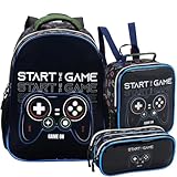 Kit Escolar Game com Mochila de Costas, Lancheira Térmica e Estojo 2 Compartimentos, Material Reforçado, Ideal P/Meninos Infantil (Kit Escolar Start Game)