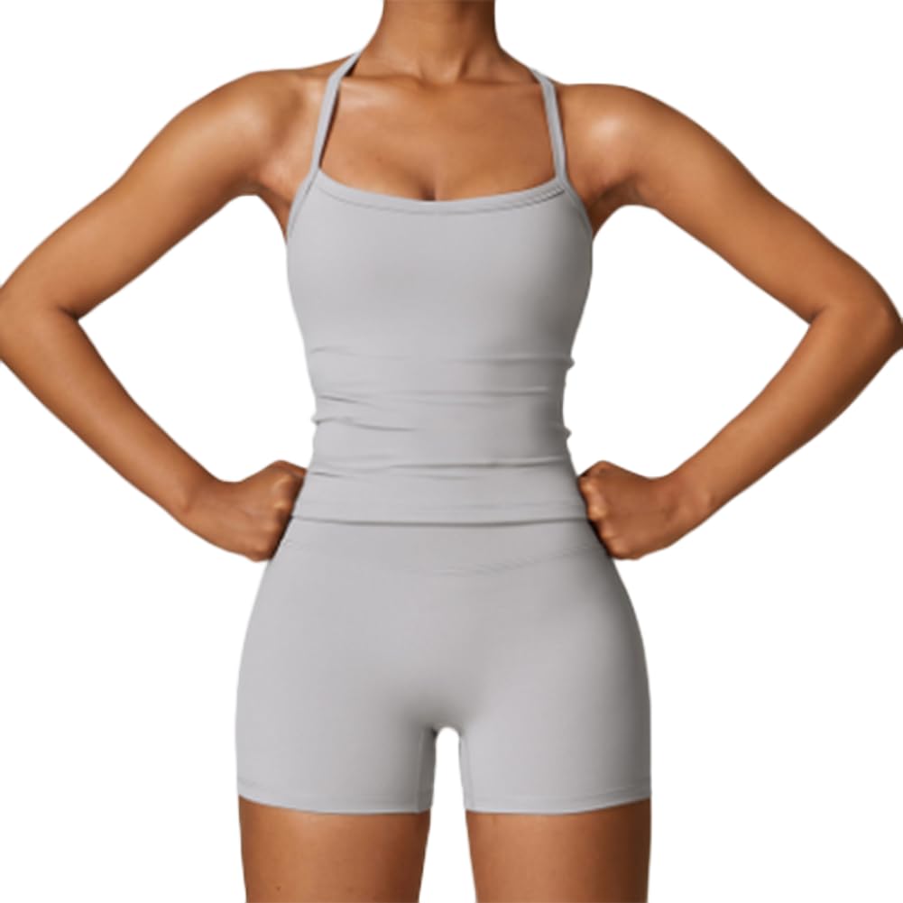 JPXJGT Workout Cross Strap Fitness Vest High Waist Tight Fit Yoga Shorts Yoga Set(Size:L,Color:Light grey)