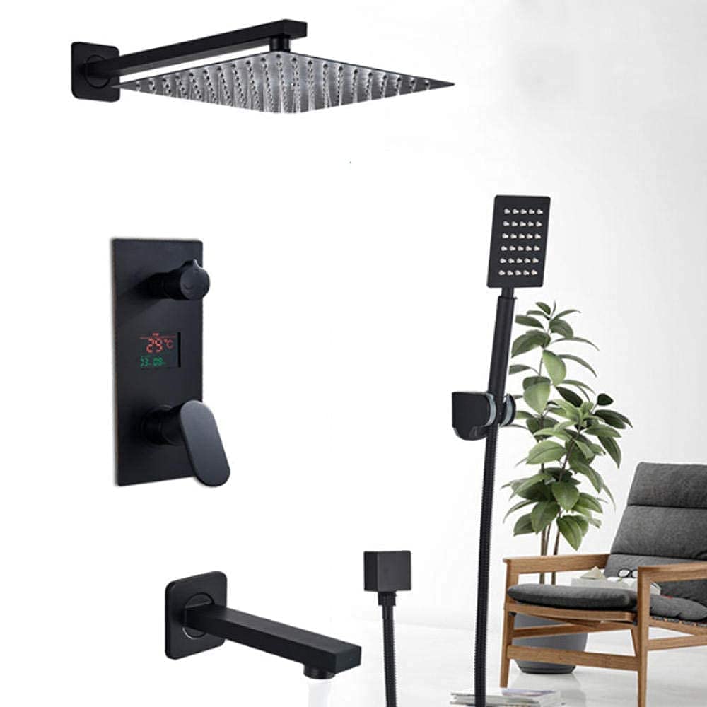 Système de douche noir mat à affichage numérique autonome et effet cascade