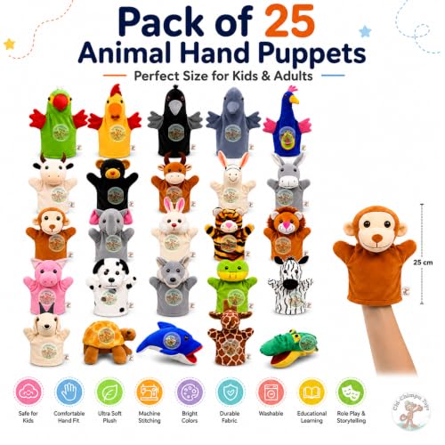 Image of Pack of 25 Animal Hand Puppets for Kids, Soft Plush Puppet Set, Educational Storytelling Toys, Role Play Learning Toys, Preschool Classroom Teaching Aids, Birthday Gift for Boy & Girls