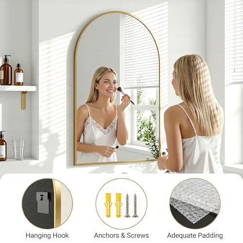 Image of Antok Arched Bathroom Mirror, 20 inchx30 inch Wall Mounted Mirror, Vanity Mirrors for Over Sink, Aluminum Alloy Frame Bathroom Mirrors Living Room, Bedroom and Entryway, Gold