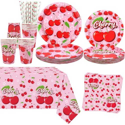 Décoration de fête cerise : vaisselle jetable anniversaire et serviettes