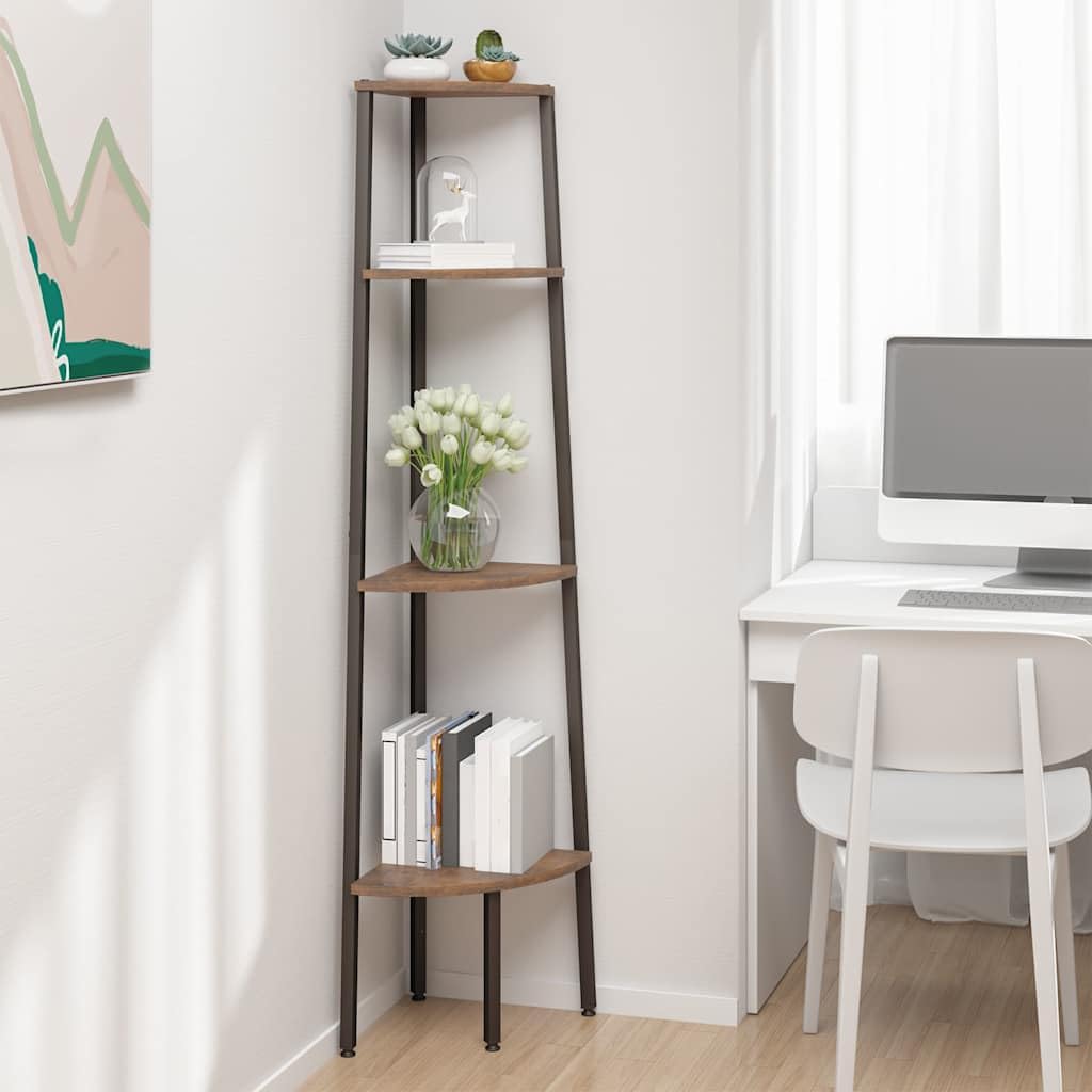 4-stöckiges Eckregal aus Holzwerkstoff und Stahl Dunkelbraun Schwarz 45,5 x 31,5 x 150 cm Wandregal für Bücher Pflanzen Ordner im Arbeitszimmer Flur Stauraum
