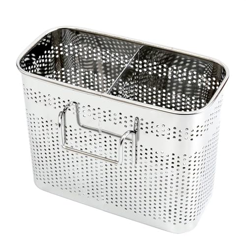 Daeheung Industries Kitchen Utensils Chopsticks Holder Drying Rack Basket with Hooks 2 Divided Compartments Quality Stainless Steel Large L5.4 X H4.3 X W2.6