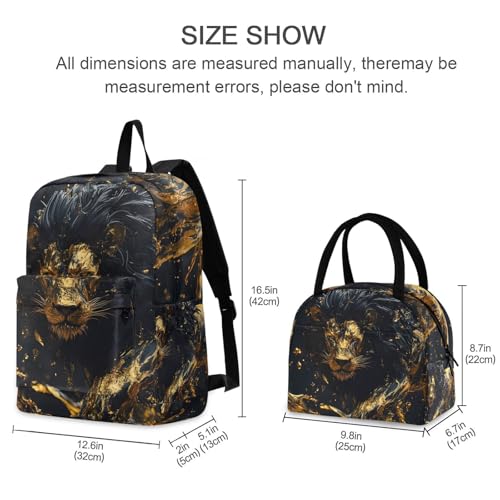 Golden Lion Print Backpack Set with Lunch Bag, Large Capacity Travel Backpacks and Lunch Box Insulated for Commute Hiking Picnic2