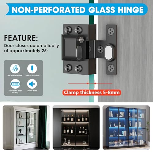 Glass Door Hinges for Cabinets, Cabinet Glass Door Hinges,304 Stainless Steel for 5-8mm Cabinet Door (Black-3 PCS) by Eegoowa - Image 2