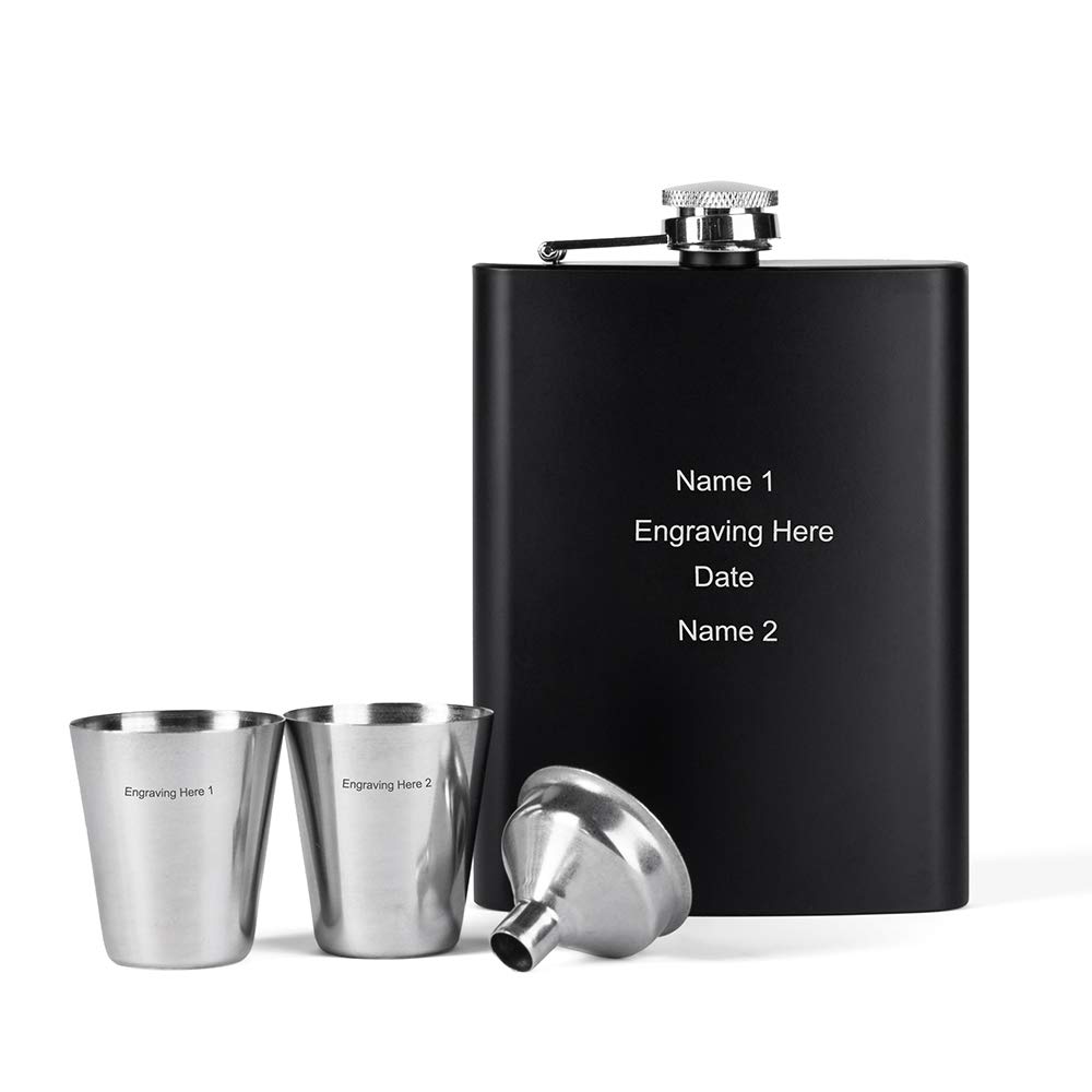 Bosajewel Personalized Engraving Flask Set Groomsmen Gifts for Wedding Custom Hip Flask for Liquor Gifts Set with Funnel Shot Glasses Dad Husband Boyfriend (Color 2)