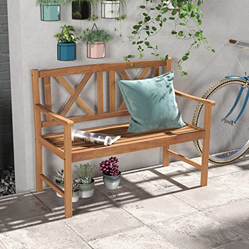 Image of Giantex Patio Garden Bench Loveseat - 2-Person Acacia Wood Bench with Armrest, Backrest, Sturdy Frame, 800lbs Capacity, Outside Park Bench for Patio, Yard, Front Porch, Outdoor Garden Bench, Natural