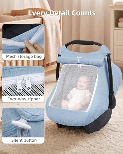 Image of Rquite Car Seat Cover Baby Girl Boy, 100% Muslin Cotton Carseat Covers, Breathable Infant Windproof Canopy with Mesh Window, Stroller Sun Shade for Summer & Hot Day, Baby Blue