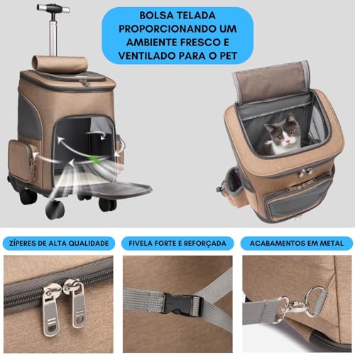 Bolsa Mala Mochila Transporte Pet Avião Viagem Cabine Com Rodinhas Para Cães Gatos Cachorro (Marrom,