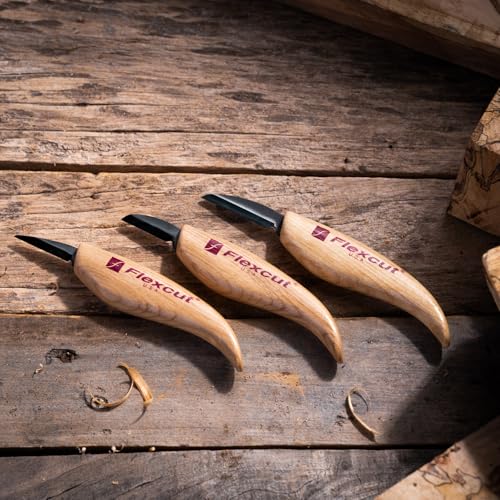 Image of Flexcut Wood Carving Knives | Starter Set of 3 Woodcarving Knives | 1095 High Carbon Steel Blades | Ergonomic Ash Wood Handles for Beginners and Hobbyists | KN500 | Made in the U.S.A