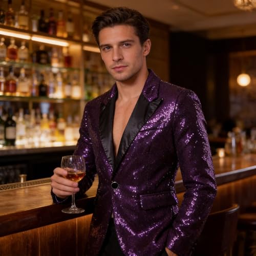 Blazer à paillettes pour hommes brillant avec col châle coupe ajustée de créateur - 4