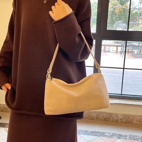 Suede Square Bag Retro Shoulder Bag Simple Underarm Bag Commute Handbag (Beige)3