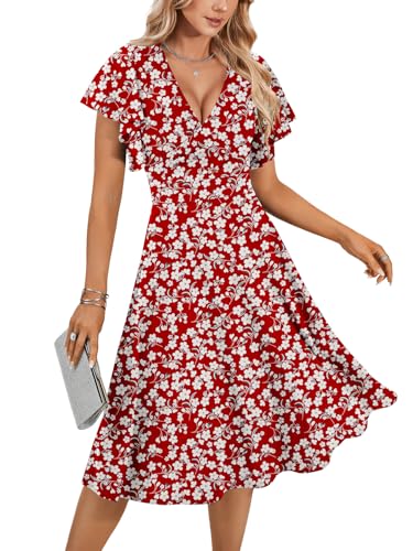 Image of LYANER Women's Warp V Neck Ruffle Short Sleeve A Line Swing Flared Cocktail Party Midi Dress