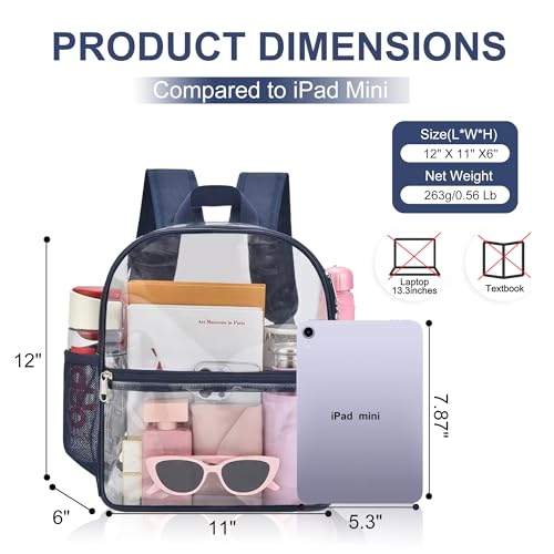 Image of Oraben Clear Backpack Stadium Approved, 12 x 6 x 11 in, Small Transparent Backpack for Concerts, Sports Events, Festivals, Travel, Waterproof PVC, Adjustable Straps, Women Men