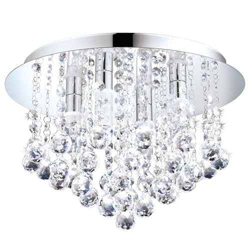 Eglo LED Ceiling Light Almonte, 4-Flame Bathroom lamp, Metal in Chrome and Clear Crystal, Warm White LED Moisture-Proof Light, G9, IP44, Ø 35 cm
