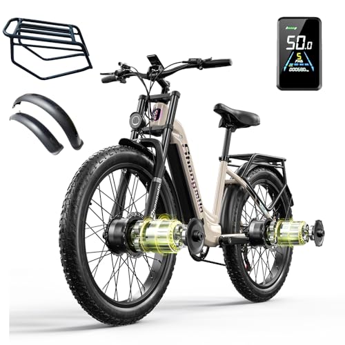 Shengmilo -S700 Bicicleta eléctrica de 26 × 3,0 pulgadas, bicicleta eléctrica con dos motores, alcance máximo 70 km, batería extraíble de 17,5 Ah, frenos hidráulicos, horquilla delantera de doble