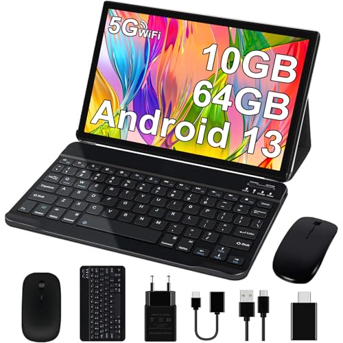 SUAAT Tableta Android 13 de 10 Pulgadas 2025 10 GB RAM + 64 GB ROM (1TB TF)| 5G + 2.4G WiFi| GPS | Bluetooth 5.0 | 8MP + 5MP | Touch Tablet con Funda, Negro