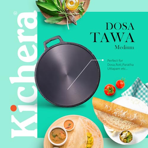 Image of Kichera Pre Seasoned Single Handle Cast Iron DosaTawa | Roti Pan 11 Inch | Non-Stick Cookware for Perfect Dosa & Roti 28cm Diameter, 2.1kg | Induction Friendly | Pure & Toxin-Free