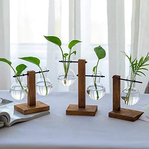 Kingbuy Glass Planter Bulb Vase Desktop Plant Terrarium with Retro Solid Wooden Stand for Propagation Hydroponics Water Plants Home Garden Office Decor - Image 3
