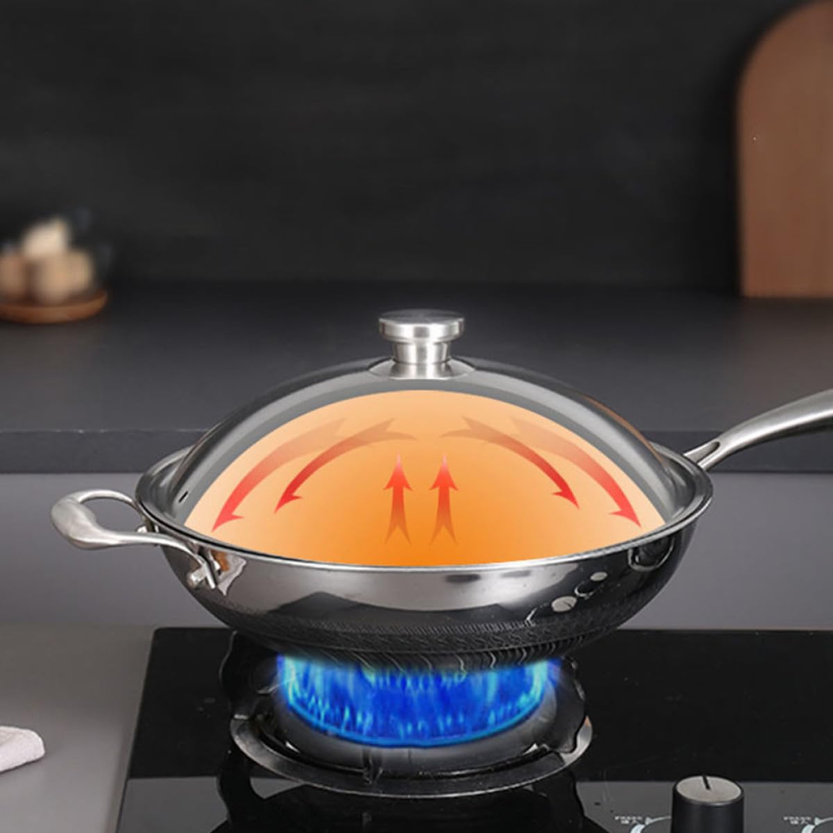 Couvercle de Poêle Léger et Confortable Épais en Acier Inoxydable 34-36 Cm Adapté aux Woks et Marmites