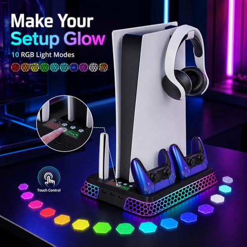 Image of PS5 Stand with Hexagon RGB Aesthetics,PS5 Cooling Station for PlayStation 5 Slim Pro Disc Digital Console with Cooling Fan,Dual Controller Fast Charger USB Hub Headset Holder Game Storage (Black)