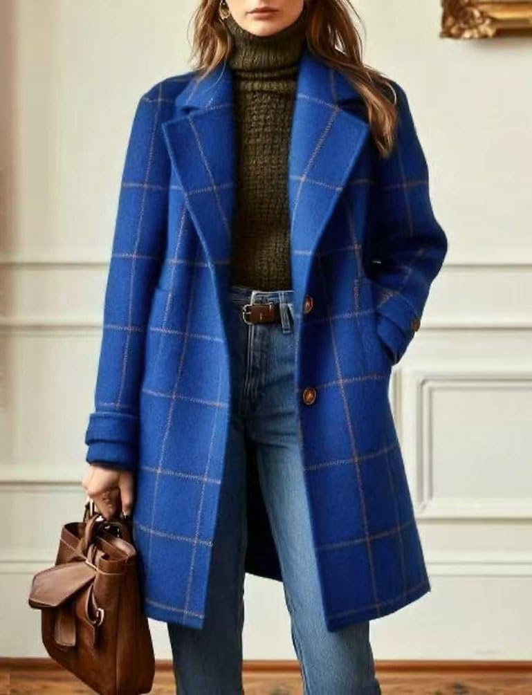 Long Plaid Wool Coats for Women Fall Winter Trench Coat Casual Blazer Jacket Peacoat Cardigan Overcoat