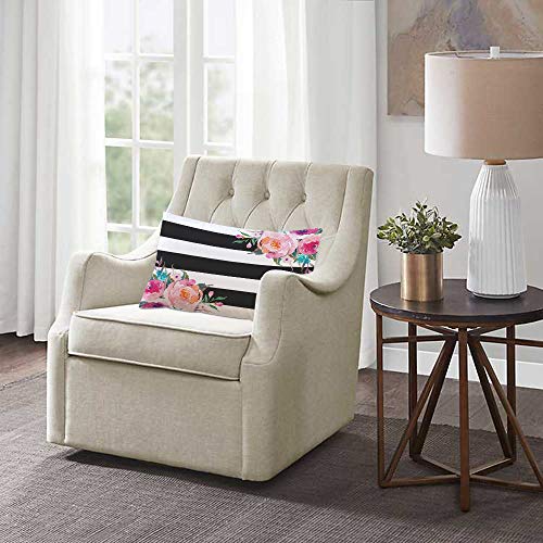 Ekobla Throw Pillow Cover Floral Peony Rose Black White Stripes Little Wildflowers Spring Summer Leaves Natural Decor Lumbar Pillow Case Cushion For Sofa Couch Bed Standard Queen Size 20X30 Inch #TOP1