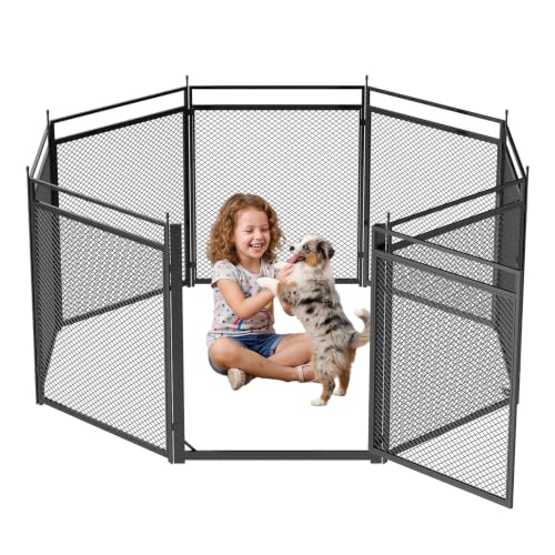 Image of Dog Playpen with Safety Mesh, 32 inch Height 8 Panels Metal Dog Fence Indoor Outdoor, Portable Dog Kennel for Camping, Yard & RV | Black-Silver